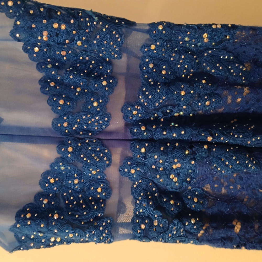 Anny Lee Blue Sequined Lace Wedding Prom Cocktail Evening Gown Dress Small - Picture 7 of 15